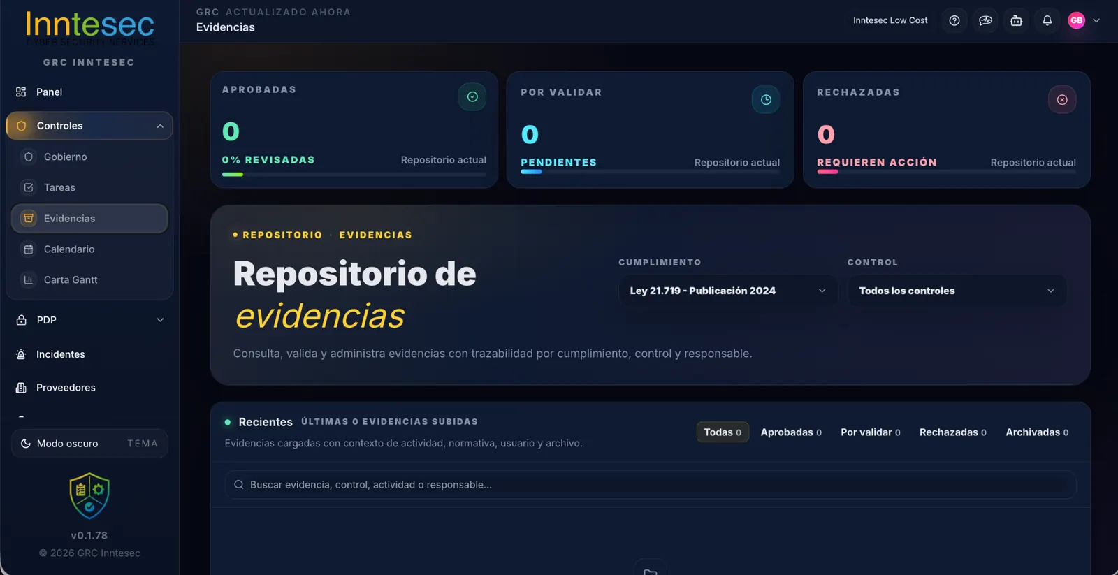 Repositorio de evidencias de Inntesec Low Cost Ley 21.719