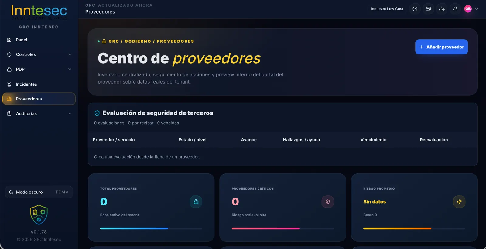 Centro de proveedores de Inntesec Low Cost Ley 21.719